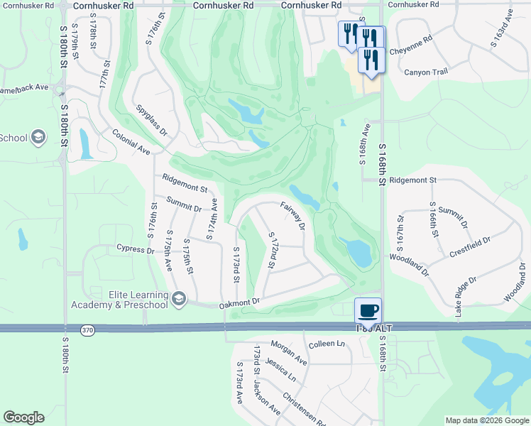 map of restaurants, bars, coffee shops, grocery stores, and more near 10805 South 172nd Street in Omaha