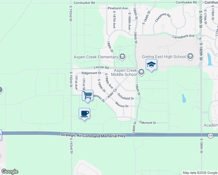 map of restaurants, bars, coffee shops, grocery stores, and more near 10637 South 188th Avenue in Omaha