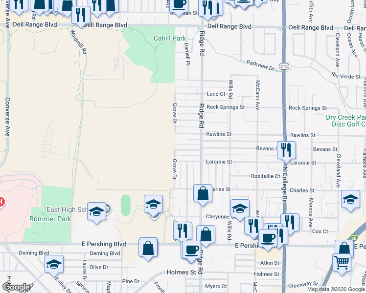 map of restaurants, bars, coffee shops, grocery stores, and more near 3707 Grove Dr in Cheyenne