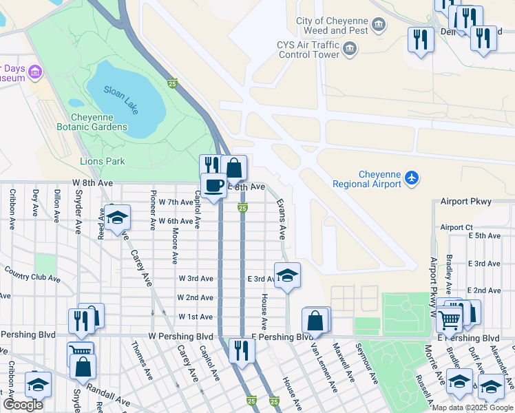map of restaurants, bars, coffee shops, grocery stores, and more near 4000 House Avenue in Cheyenne