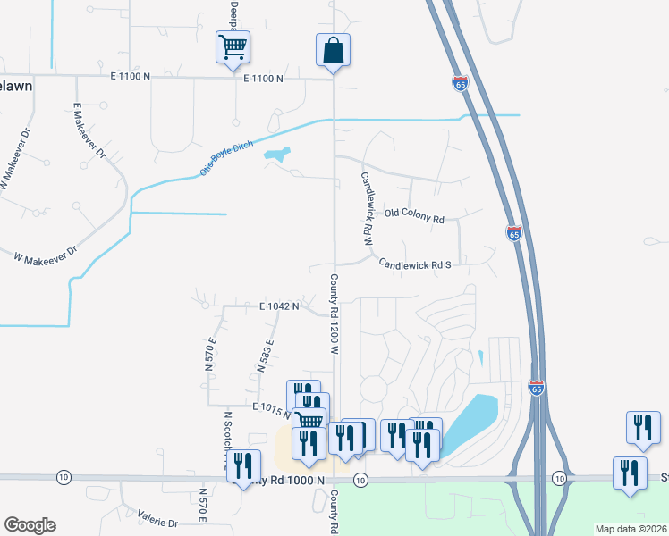map of restaurants, bars, coffee shops, grocery stores, and more near County Road 1200 West in De Motte