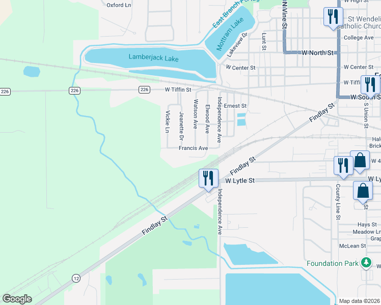 map of restaurants, bars, coffee shops, grocery stores, and more near 338 Watson Avenue in Fostoria