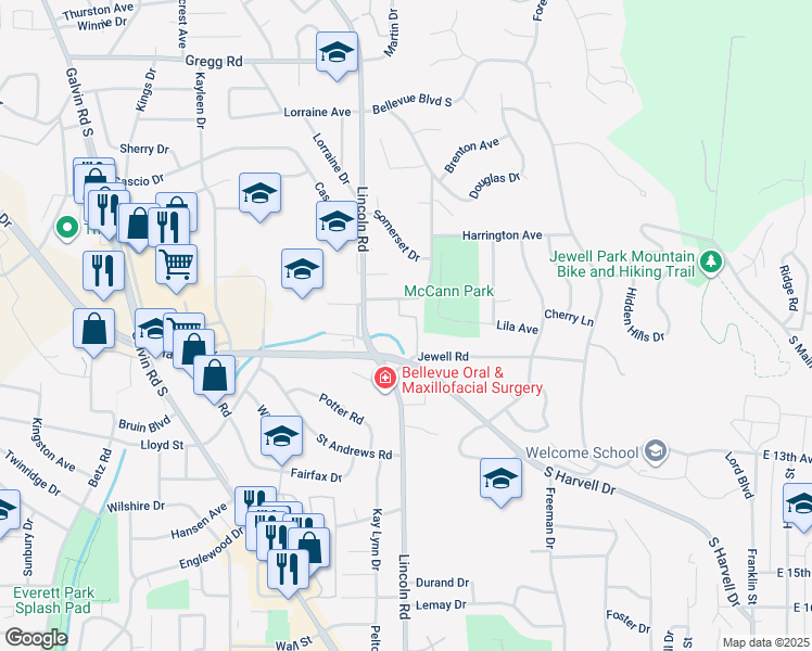 map of restaurants, bars, coffee shops, grocery stores, and more near 805 Marian Avenue in Bellevue