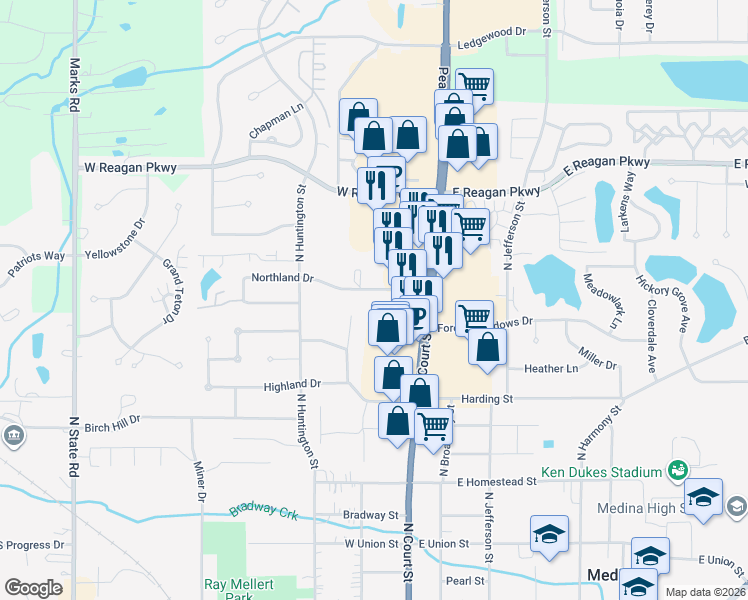 map of restaurants, bars, coffee shops, grocery stores, and more near 170 Northland Drive in Medina