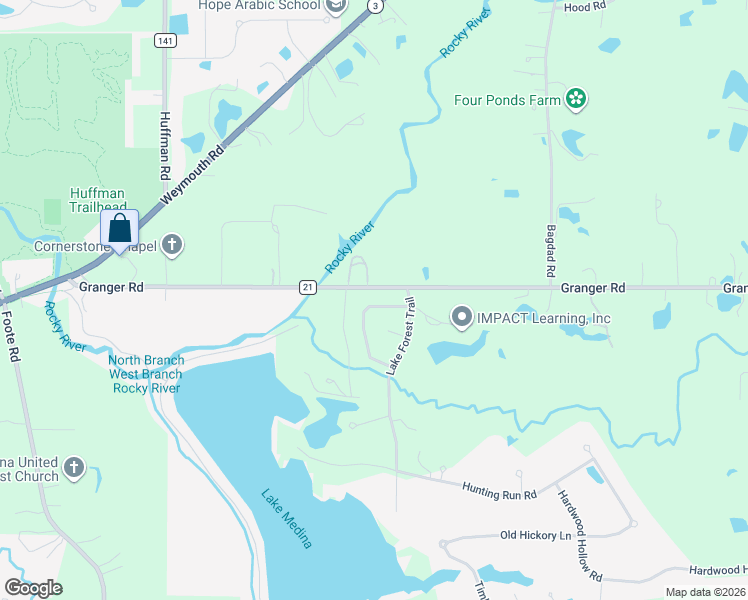 map of restaurants, bars, coffee shops, grocery stores, and more near 3744 Granger Road in Medina