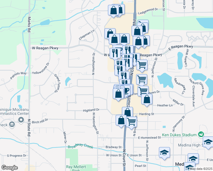 map of restaurants, bars, coffee shops, grocery stores, and more near 232 Northland Drive in Medina
