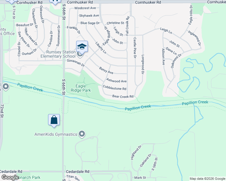 map of restaurants, bars, coffee shops, grocery stores, and more near 2130 Cobblestone Road in Papillion