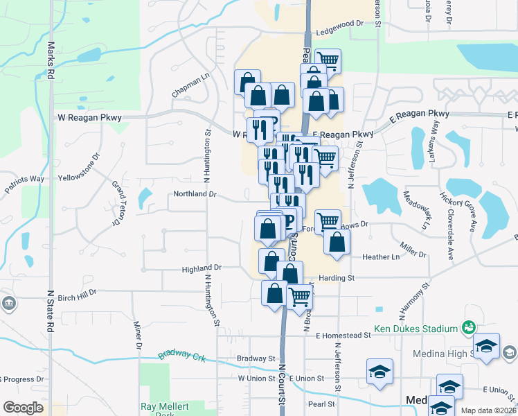 map of restaurants, bars, coffee shops, grocery stores, and more near 170 Northland Drive in Medina