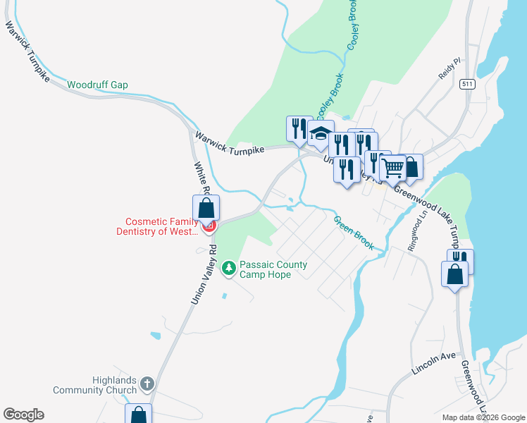 map of restaurants, bars, coffee shops, grocery stores, and more near 4 Greenbrook Dr in West Milford