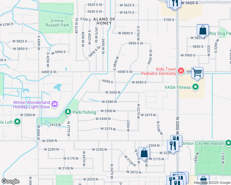 map of restaurants, bars, coffee shops, grocery stores, and more near West 2650 North in Clinton