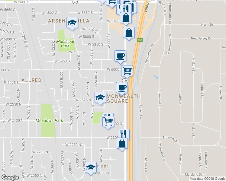 map of restaurants, bars, coffee shops, grocery stores, and more near 3 West 2650 North in Sunset