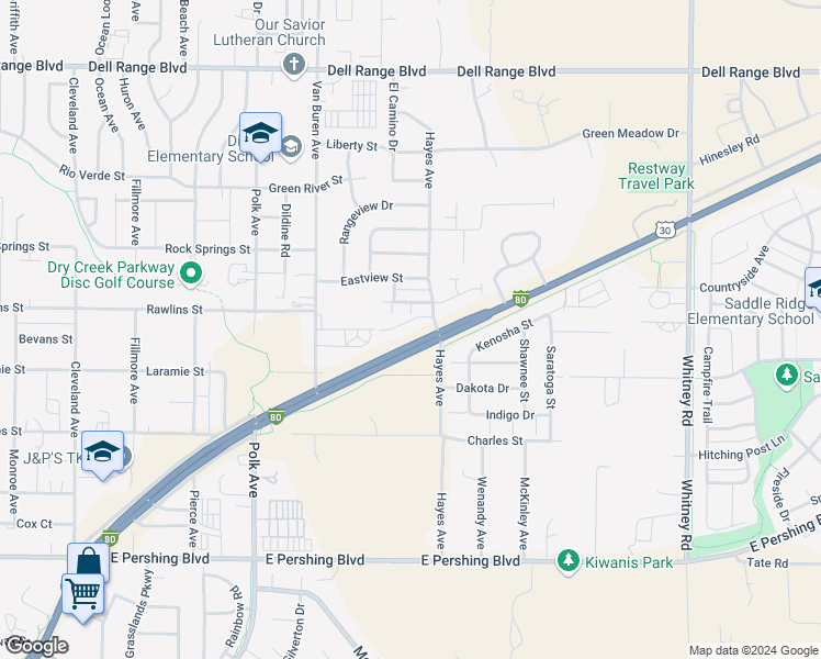 map of restaurants, bars, coffee shops, grocery stores, and more near 5409 Imperial Court in Cheyenne