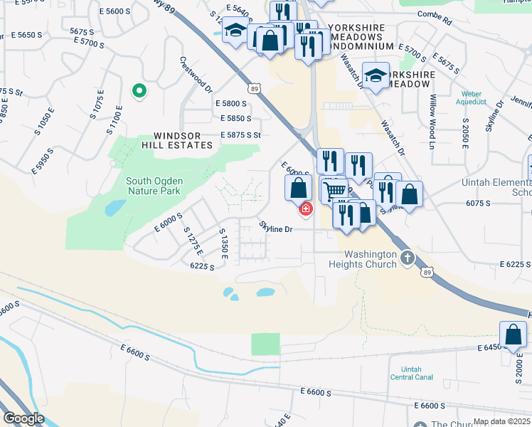 map of restaurants, bars, coffee shops, grocery stores, and more near 6086 South Ridgeline Drive in South Ogden