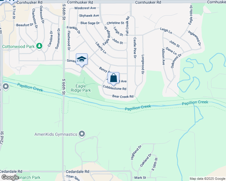 map of restaurants, bars, coffee shops, grocery stores, and more near 2130 Cobblestone Road in Papillion