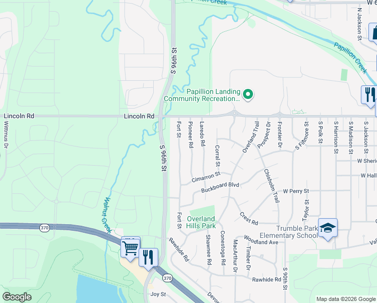 map of restaurants, bars, coffee shops, grocery stores, and more near 409 Pioneer Road in Papillion