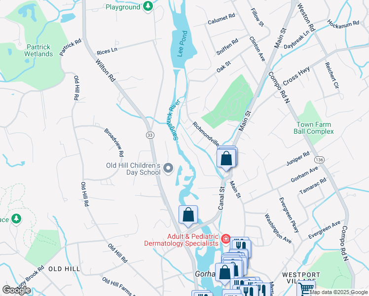 map of restaurants, bars, coffee shops, grocery stores, and more near 37 Woods Grove Road in Westport