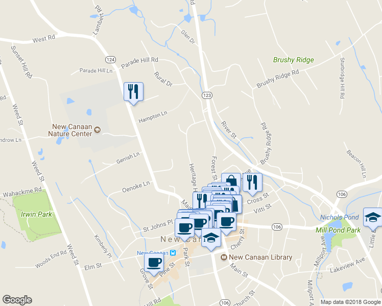 map of restaurants, bars, coffee shops, grocery stores, and more near 95 Heritage Hill Road in New Canaan