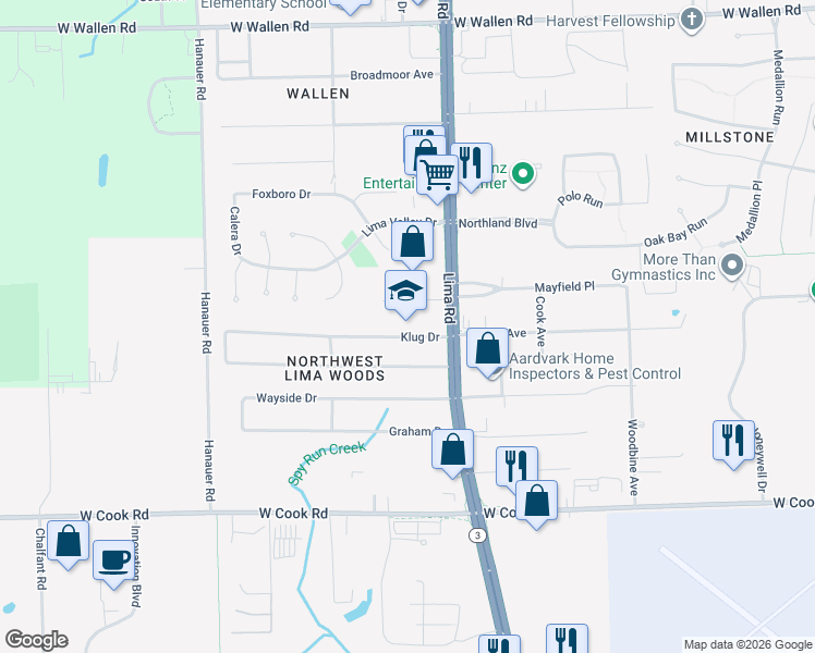 map of restaurants, bars, coffee shops, grocery stores, and more near 1816 Klug Drive in Fort Wayne