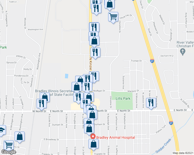 map of restaurants, bars, coffee shops, grocery stores, and more near 650 North Kinzie Avenue in Bradley