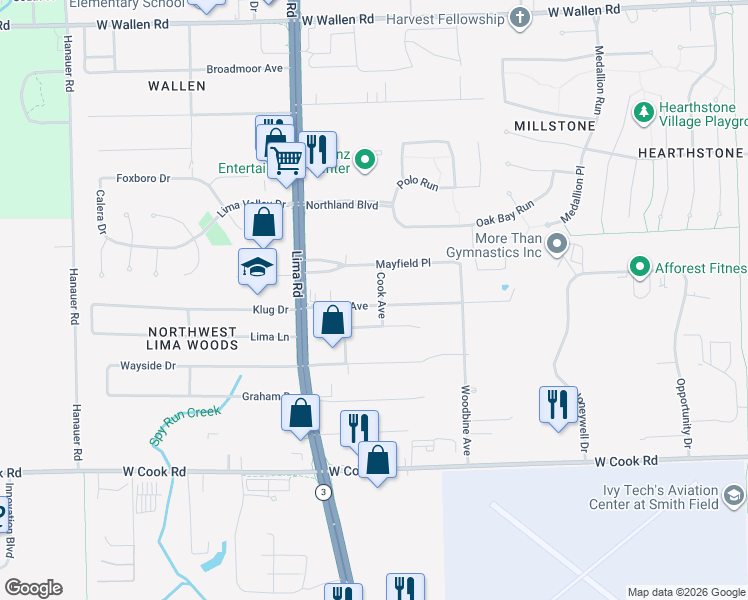 map of restaurants, bars, coffee shops, grocery stores, and more near 1510 Ashley Avenue in Fort Wayne