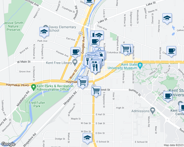 map of restaurants, bars, coffee shops, grocery stores, and more near 214 South Water Street in Kent