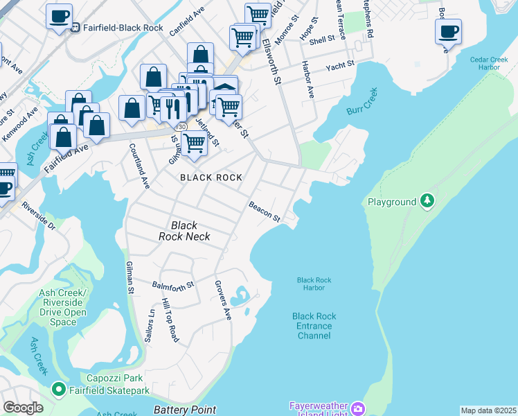 map of restaurants, bars, coffee shops, grocery stores, and more near 98 Beacon Street in Bridgeport