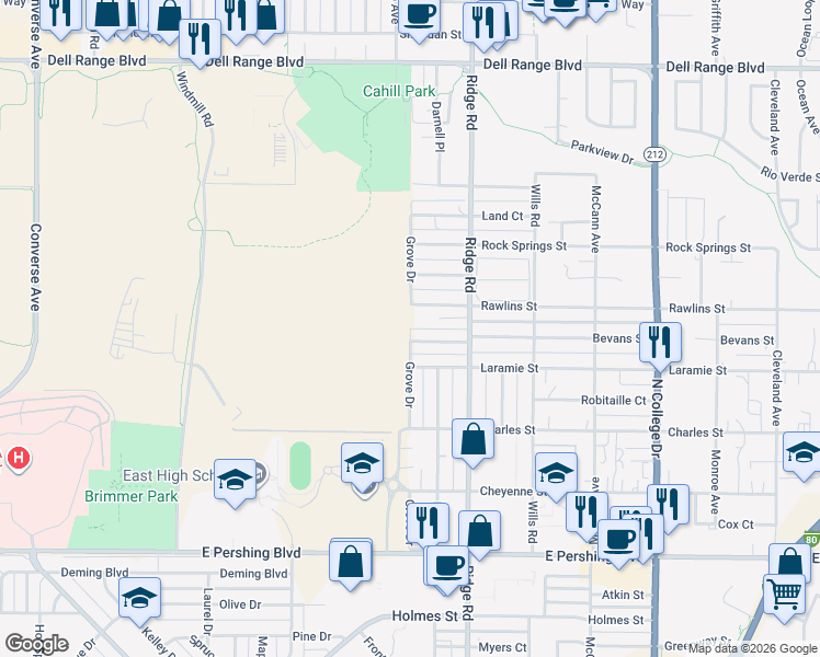 map of restaurants, bars, coffee shops, grocery stores, and more near 3707 Grove Dr in Cheyenne