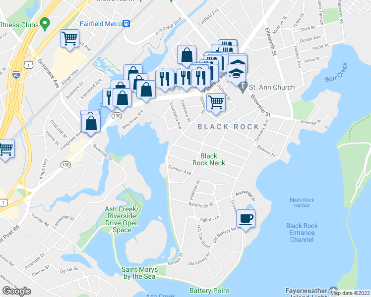 map of restaurants, bars, coffee shops, grocery stores, and more near 272 Seaside Ave in Bridgeport