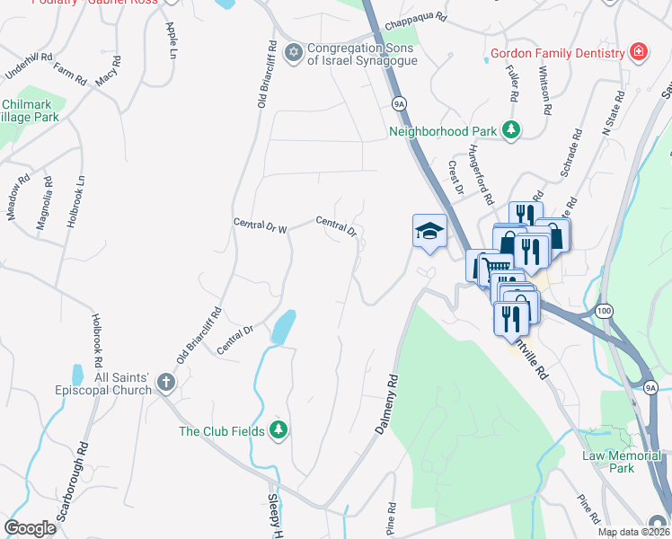 map of restaurants, bars, coffee shops, grocery stores, and more near 2 Lodge Road in Briarcliff Manor