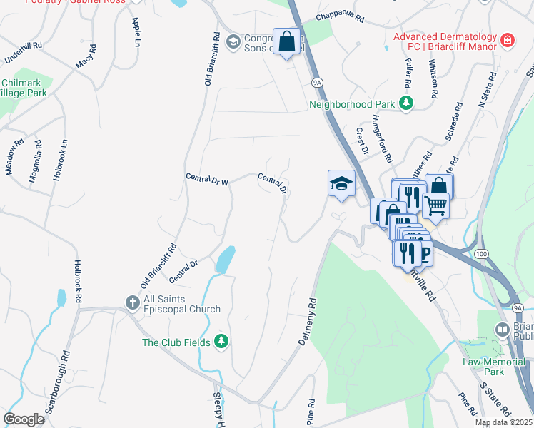 map of restaurants, bars, coffee shops, grocery stores, and more near 2 Lodge Road in Briarcliff Manor
