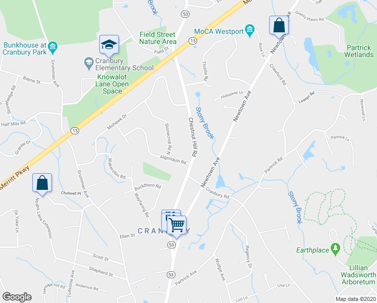 map of restaurants, bars, coffee shops, grocery stores, and more near 101 Chestnut Hill Road in Norwalk
