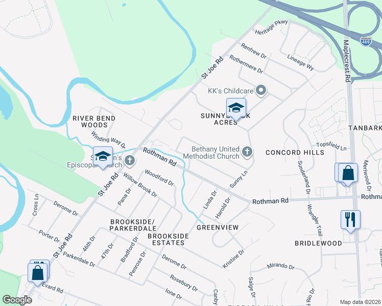 map of restaurants, bars, coffee shops, grocery stores, and more near 5045 Brook Drive in Fort Wayne
