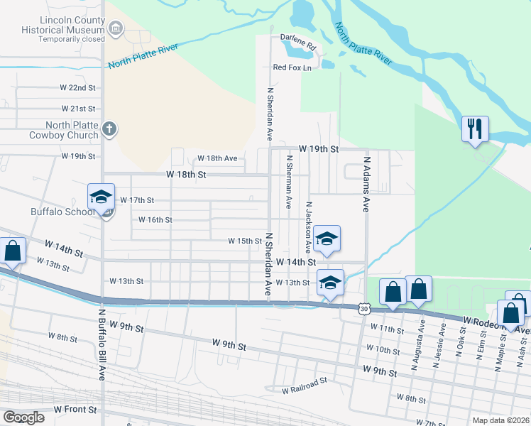 map of restaurants, bars, coffee shops, grocery stores, and more near 1608 North Sheridan Avenue in North Platte