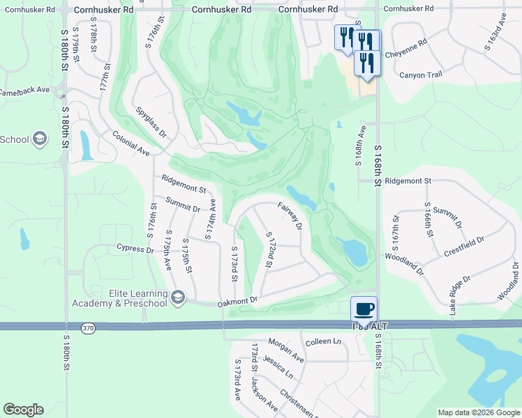 map of restaurants, bars, coffee shops, grocery stores, and more near 10805 South 172nd Street in Omaha