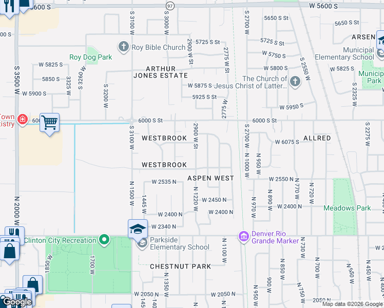 map of restaurants, bars, coffee shops, grocery stores, and more near 2679 North 1220 West in Roy