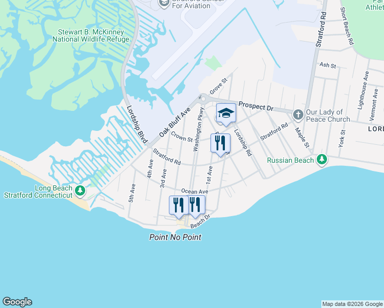 map of restaurants, bars, coffee shops, grocery stores, and more near 318 Washington Parkway in Stratford