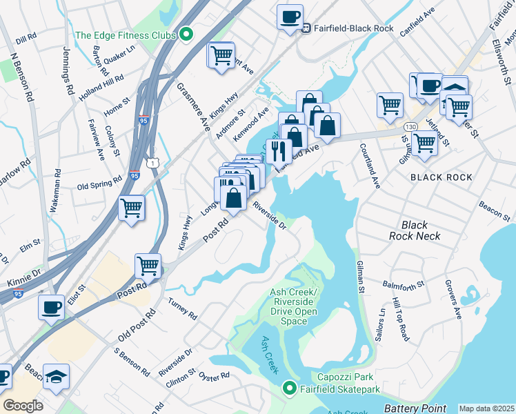 map of restaurants, bars, coffee shops, grocery stores, and more near 45 Riverside Drive in Fairfield
