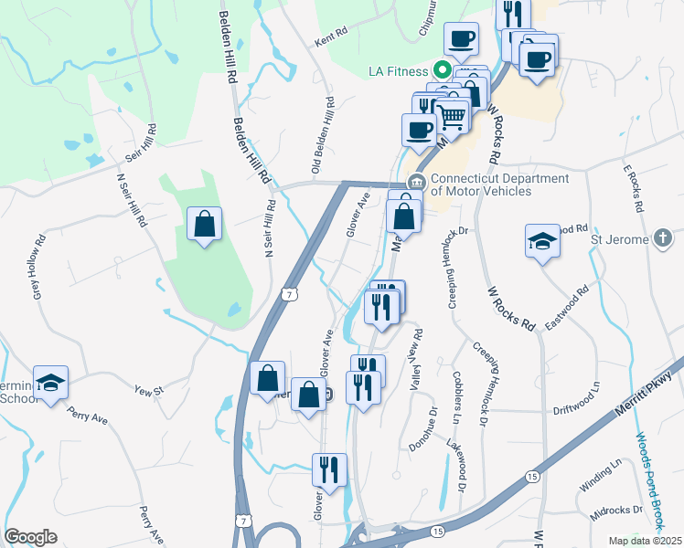 map of restaurants, bars, coffee shops, grocery stores, and more near 150 Glover Avenue in Norwalk
