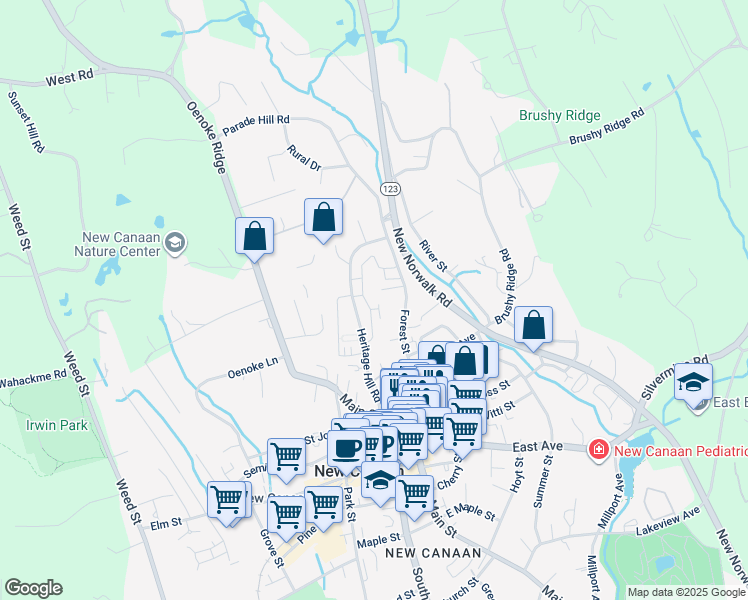 map of restaurants, bars, coffee shops, grocery stores, and more near 111 Heritage Hill Road in New Canaan