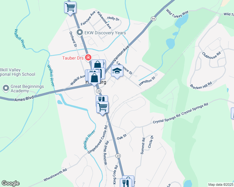 map of restaurants, bars, coffee shops, grocery stores, and more near 65 Village Drive in Hamburg
