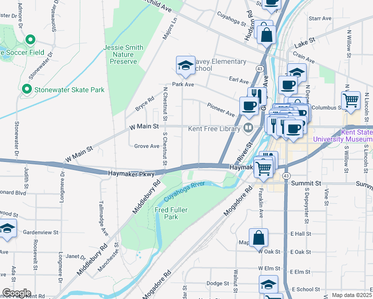 map of restaurants, bars, coffee shops, grocery stores, and more near 142 South Prospect Street in Kent