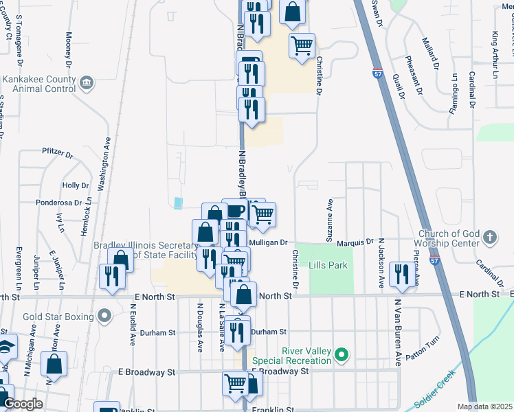 map of restaurants, bars, coffee shops, grocery stores, and more near 650 North Kinzie Avenue in Bradley