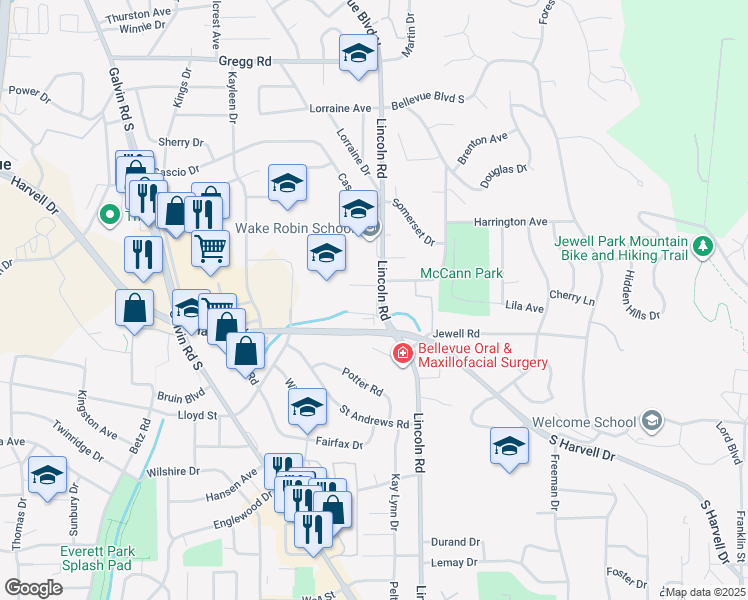map of restaurants, bars, coffee shops, grocery stores, and more near 824 Lincoln Road in Bellevue