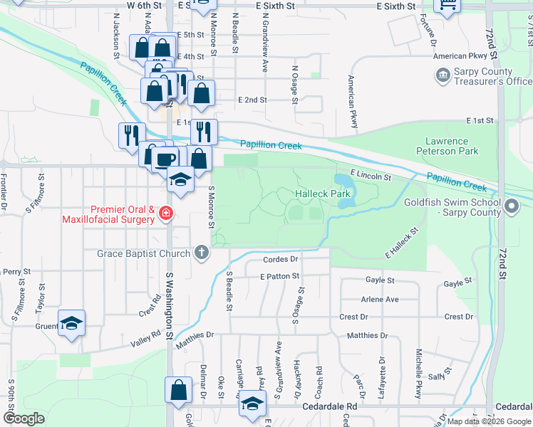 map of restaurants, bars, coffee shops, grocery stores, and more near in Papillion