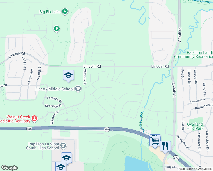 map of restaurants, bars, coffee shops, grocery stores, and more near 10341-10425 West Lincoln Road in La Vista