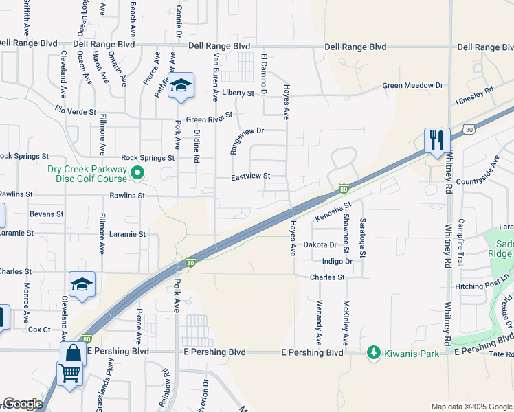 map of restaurants, bars, coffee shops, grocery stores, and more near 5400 Carter Road in Cheyenne