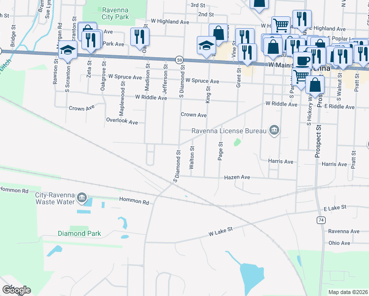 map of restaurants, bars, coffee shops, grocery stores, and more near 653 Mill Road in Ravenna