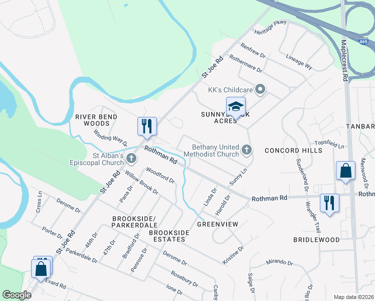 map of restaurants, bars, coffee shops, grocery stores, and more near 5040 Ann Hackley Road in Fort Wayne