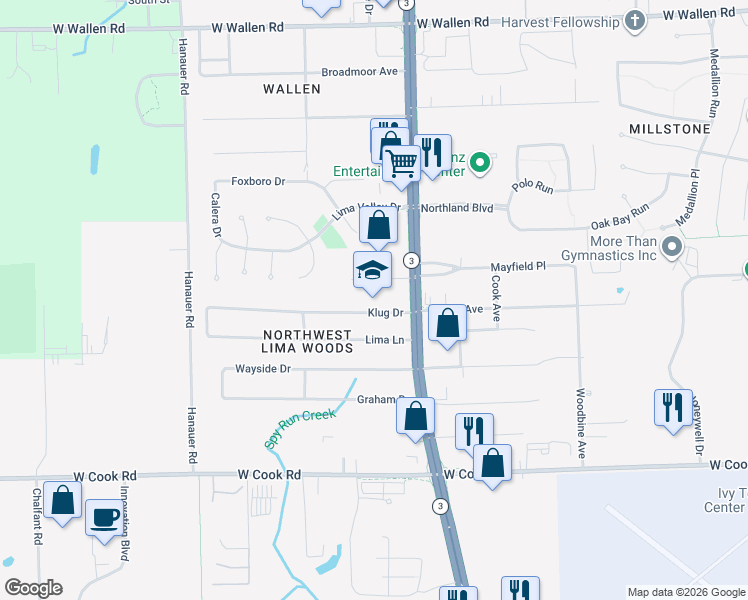 map of restaurants, bars, coffee shops, grocery stores, and more near 1816 Klug Drive in Fort Wayne