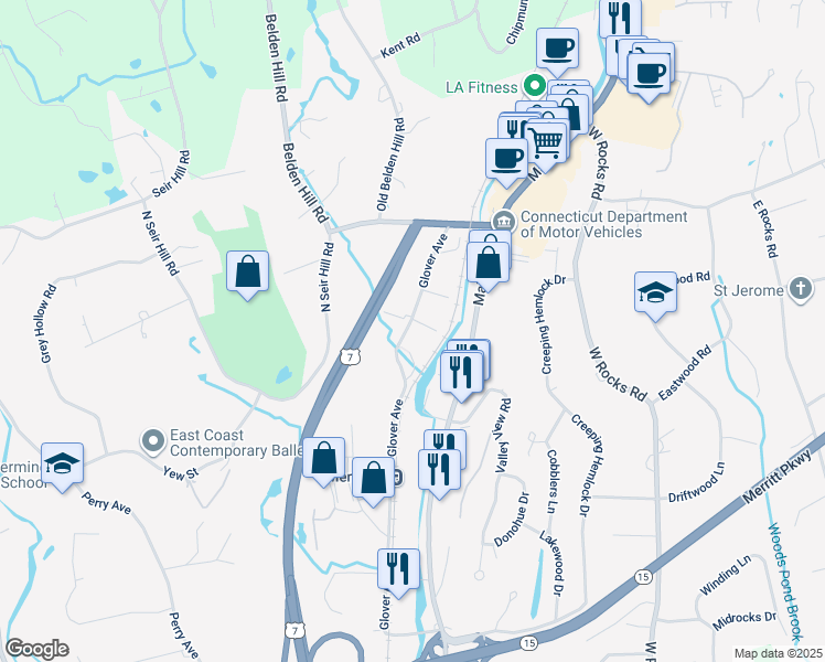 map of restaurants, bars, coffee shops, grocery stores, and more near 150 Glover Avenue in Norwalk